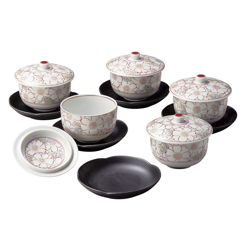 日本Aito 美浓烧陶瓷带盖茶水杯 茶水碗 茶杯托5件套装