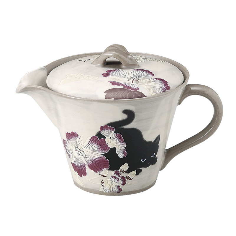 日本Aito 濑户烧陶瓷茶壶 不锈钢滤网水壶 芙蓉与猫320ML