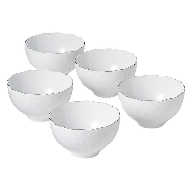 日本Aito 美浓烧陶瓷碗 纯白银边饭碗汤碗 葡萄刻花5件套