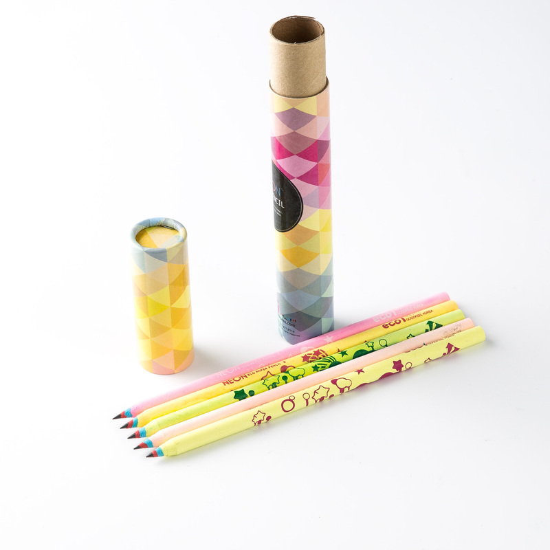 韩国原产ECOI neon卡通系列彩色纸铅笔5支纸筒笔筒套装