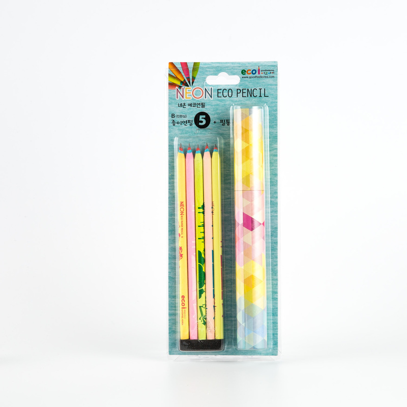 韩国原产ECOI neon卡通系列彩色纸铅笔5支纸筒笔筒套装